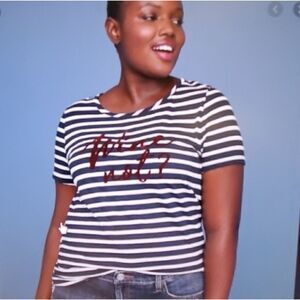Lane Bryant Blue & White Striped Wine Not T-Shirt